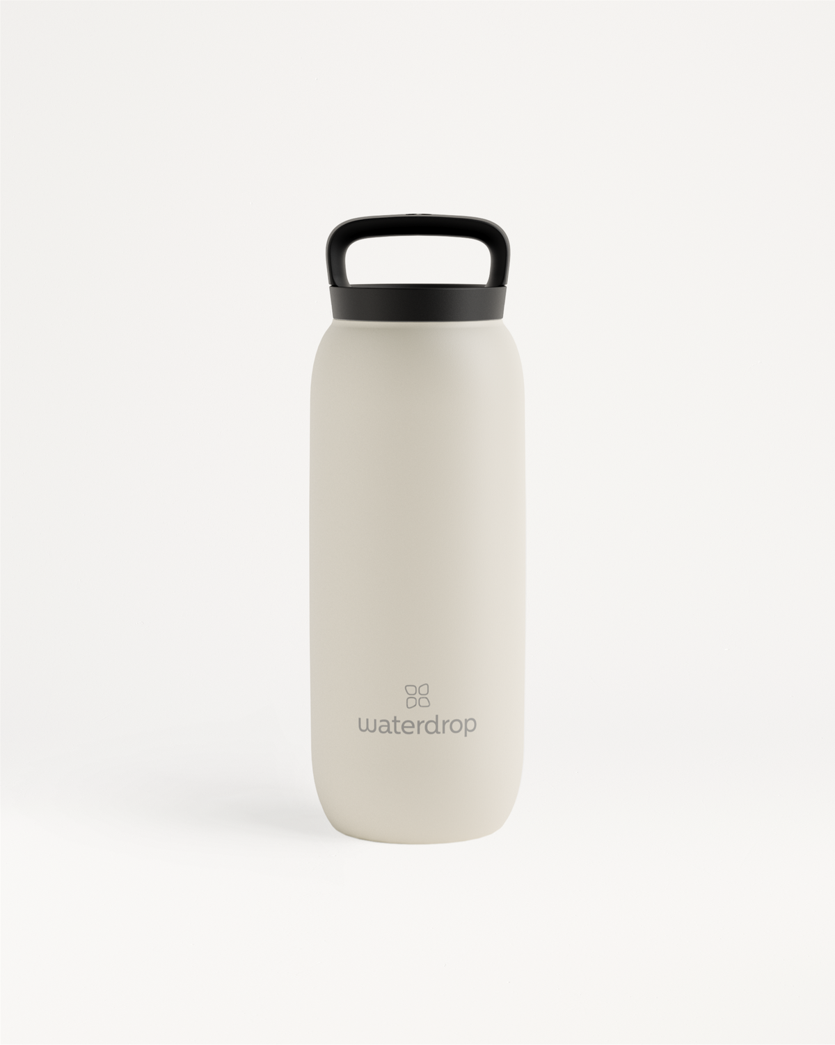 All-Purpose Thermo · Loop Lid: A white stainless steel water bottle with a black thermal drinking lid and loop handle, designed for insulation.