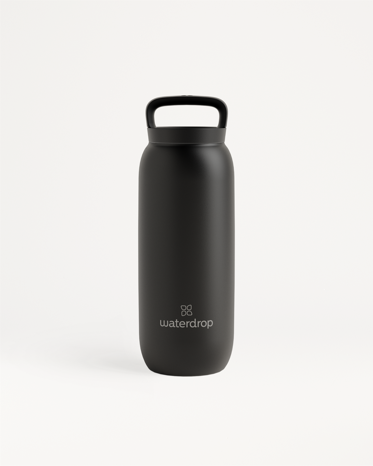 Black All-Purpose Thermo water bottle with loop lid, featuring double-walled stainless steel for insulation, and practical handle. Available in multiple sizes for hot or cold drinks.